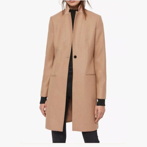 AllSaints Leni Camel Coat – Wool Cashmere, Goat Suede Collar, New, Size 8 - Picture 1 of 12